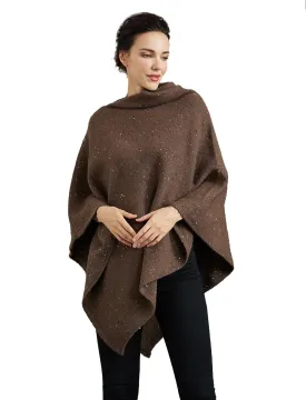 Women's Heaps Collar Bohemian Poncho Sweater Knitted Cape Irregular Hem Wrap Pullover for Spring Fall Winter