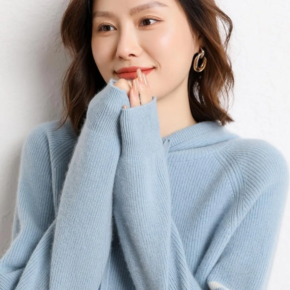 Women's Long Sleeve Hoodie Cashmere and Wool Blend Pullover Tops Sweater