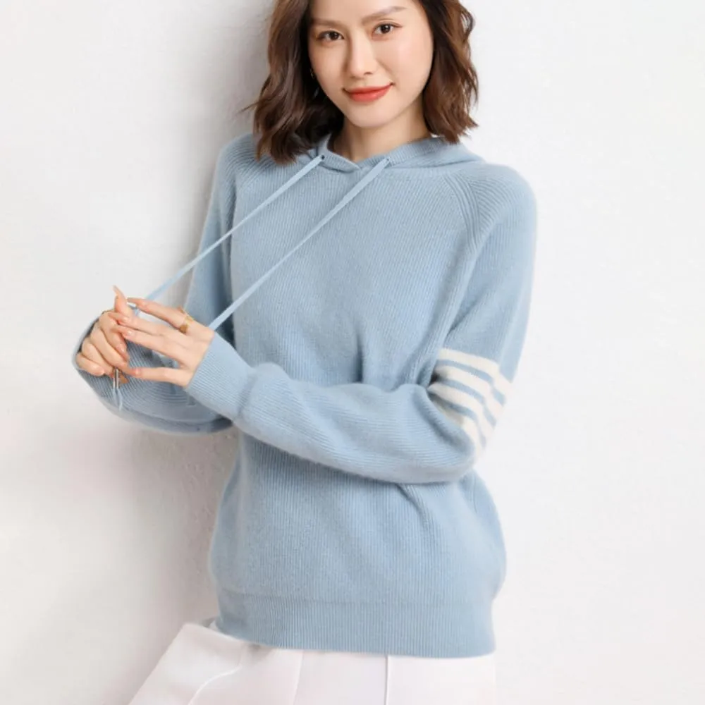 Women's Long Sleeve Hoodie Cashmere and Wool Blend Pullover Tops Sweater