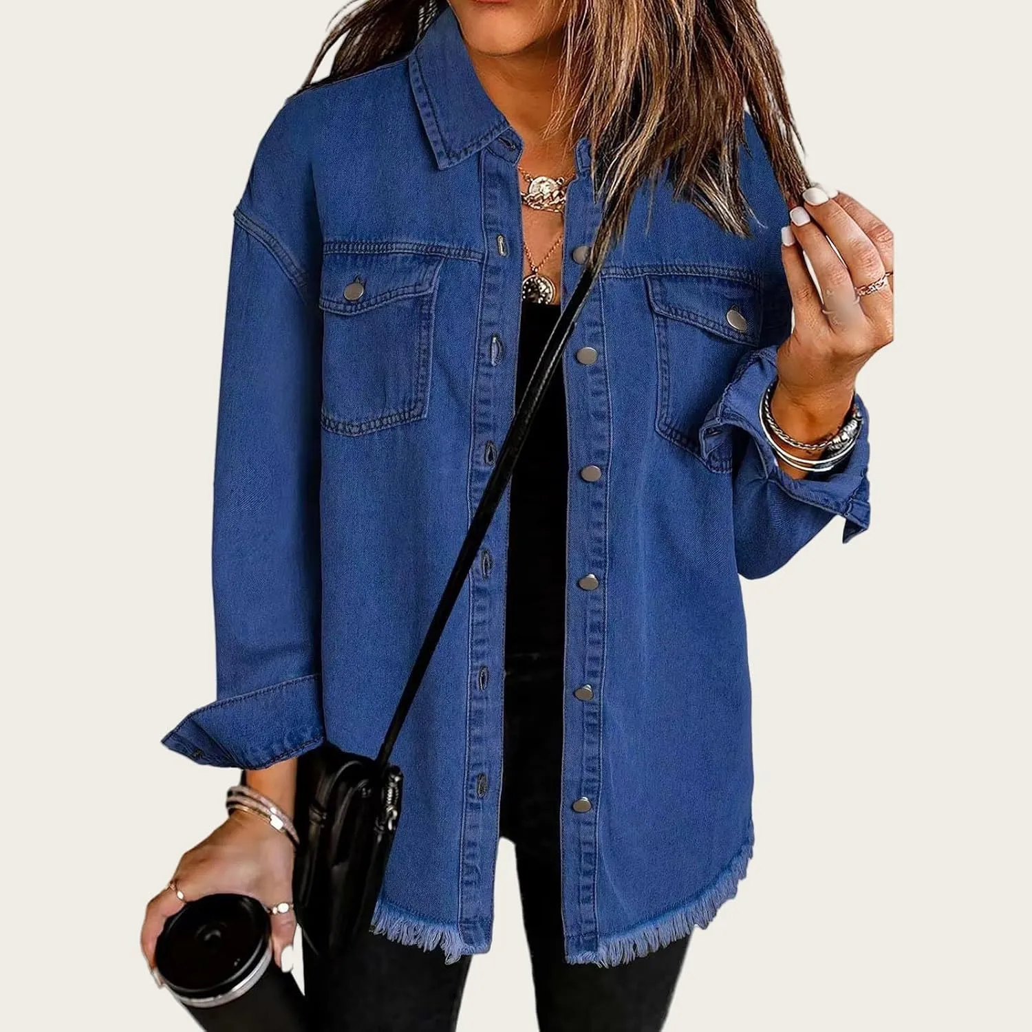 Women's Oversized Denim Jacket Lightweight Button Down Long Jean Jacket Casual Boyfriend Distresse Jacket Coats
