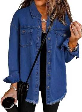 Women's Oversized Denim Jacket Lightweight Button Down Long Jean Jacket Casual Boyfriend Distresse Jacket Coats