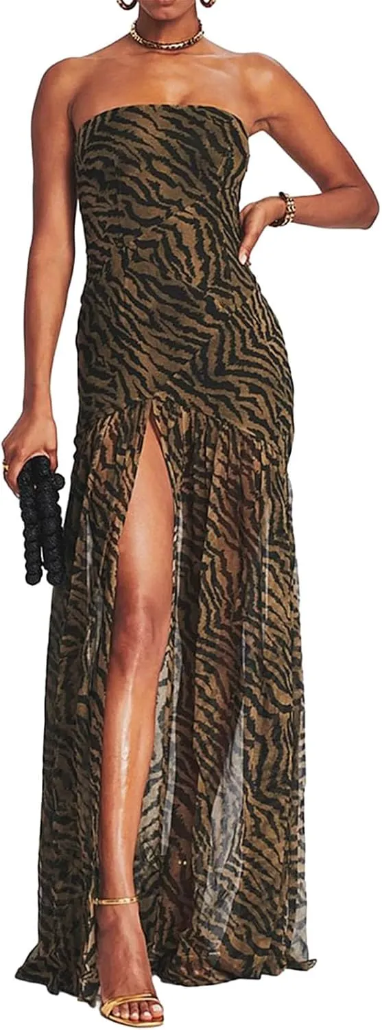 Women's Sexy Mesh Patchwork Maxi Dress Floral Tiger Print Strapless Tube Top Dress High Slit Party Long Dress