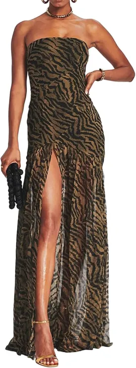 Women's Sexy Mesh Patchwork Maxi Dress Floral Tiger Print Strapless Tube Top Dress High Slit Party Long Dress