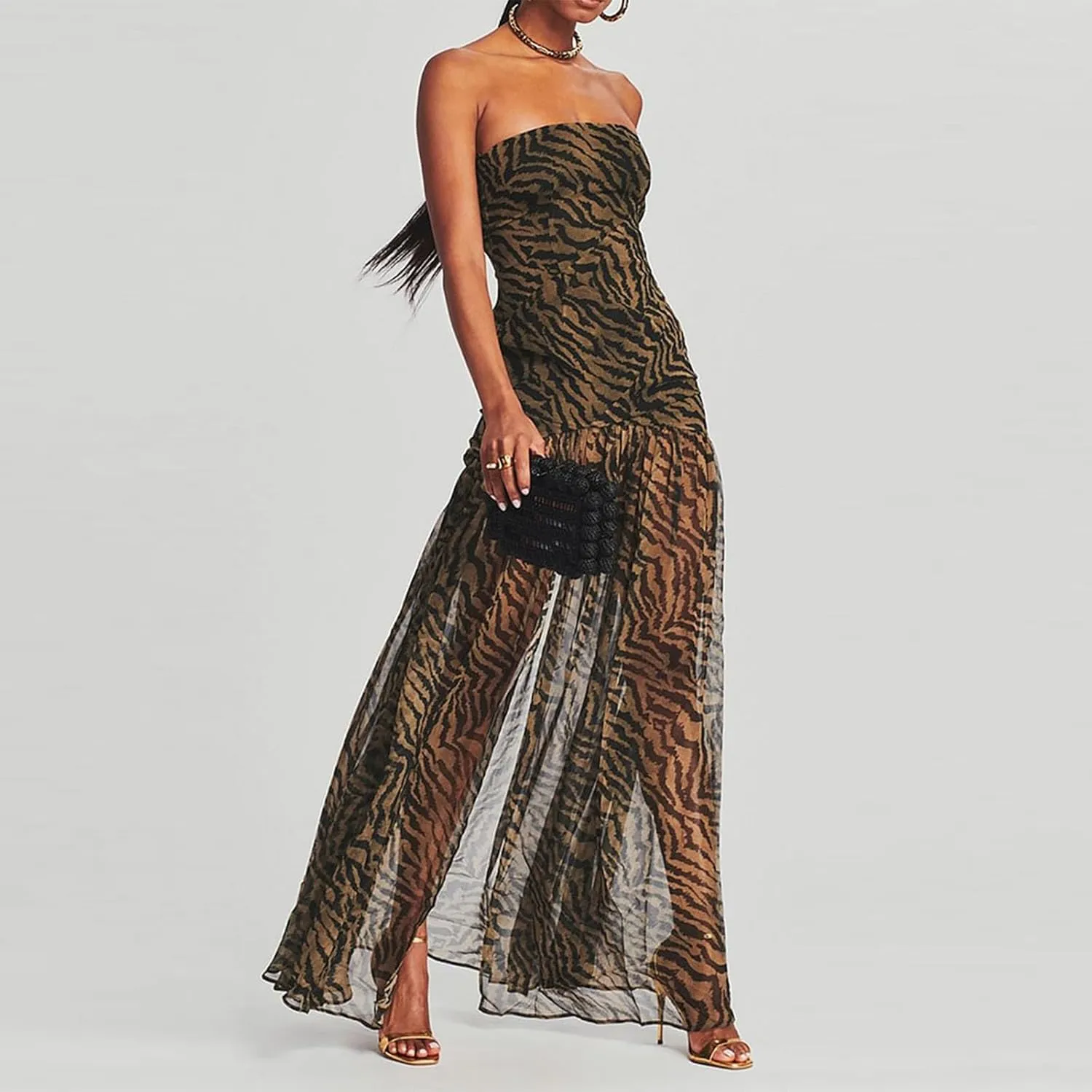 Women's Sexy Mesh Patchwork Maxi Dress Floral Tiger Print Strapless Tube Top Dress High Slit Party Long Dress