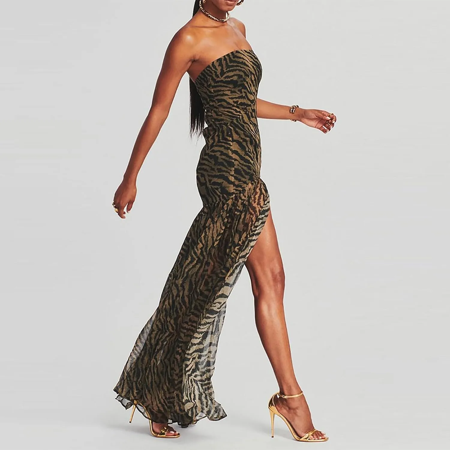Women's Sexy Mesh Patchwork Maxi Dress Floral Tiger Print Strapless Tube Top Dress High Slit Party Long Dress