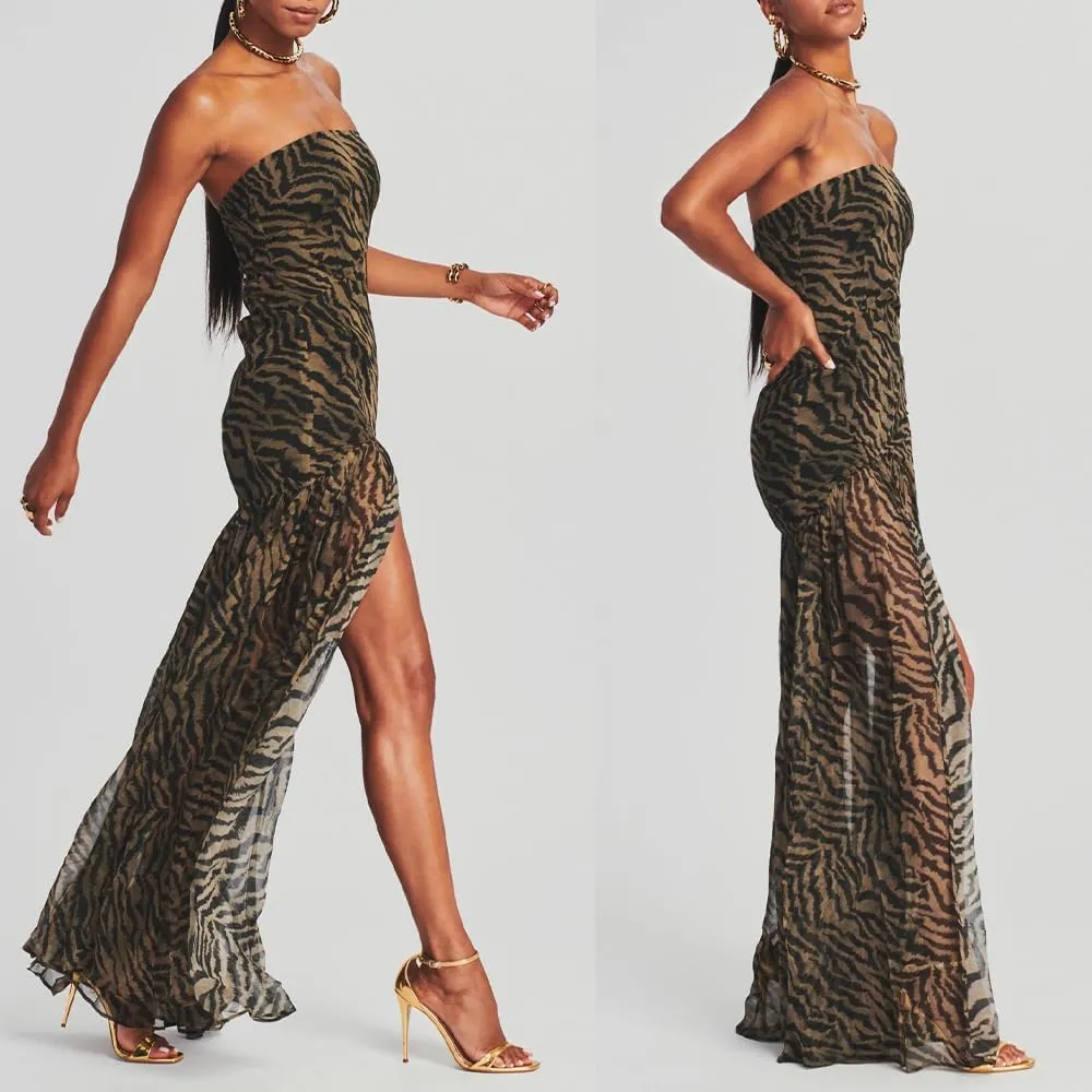 Women's Sexy Mesh Patchwork Maxi Dress Floral Tiger Print Strapless Tube Top Dress High Slit Party Long Dress