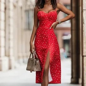 Womens Sexy Midi Floral Print Backless Casual Slim Slit Sleeveless Dress