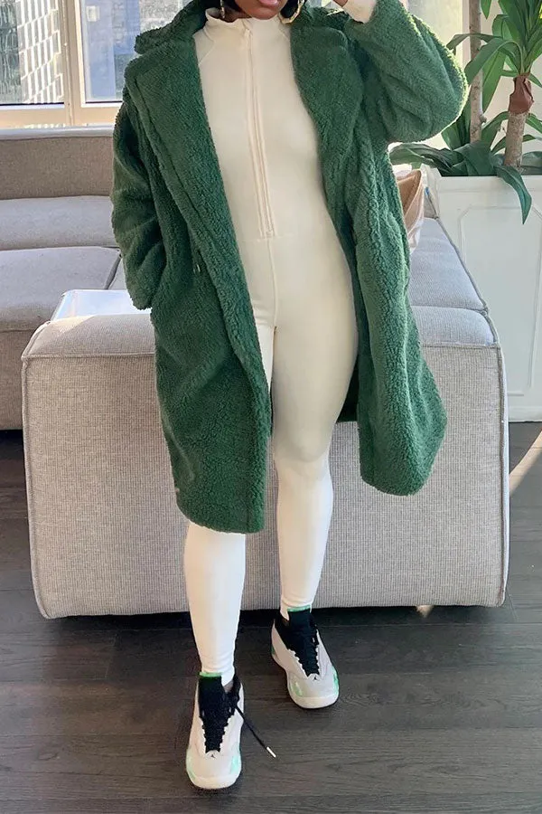 xiangtuibao Solid Color Turndown Collar Fluffy Pocket Coat
