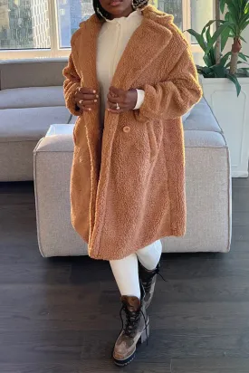 xiangtuibao Solid Color Turndown Collar Fluffy Pocket Coat