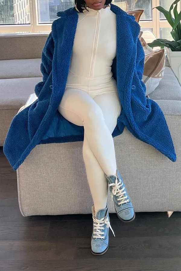 xiangtuibao Solid Color Turndown Collar Fluffy Pocket Coat