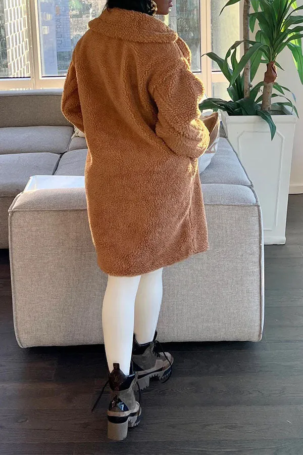 xiangtuibao Solid Color Turndown Collar Fluffy Pocket Coat
