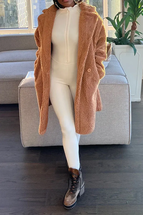 xiangtuibao Solid Color Turndown Collar Fluffy Pocket Coat