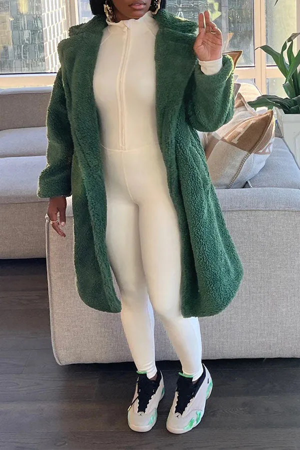 xiangtuibao Solid Color Turndown Collar Fluffy Pocket Coat
