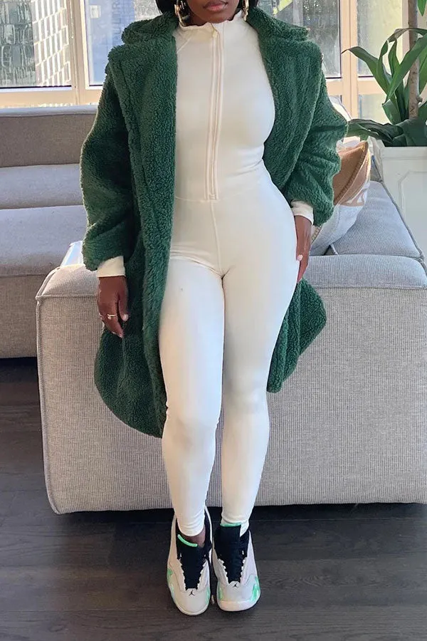 xiangtuibao Solid Color Turndown Collar Fluffy Pocket Coat