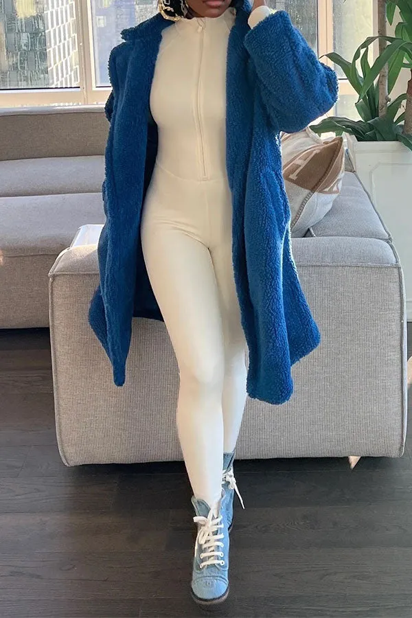 xiangtuibao Solid Color Turndown Collar Fluffy Pocket Coat