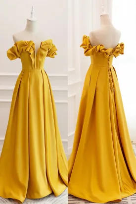 Yellow Off the Shoulder Satin Long Prom Dress, A Line Formal Evening Gown UQP0281