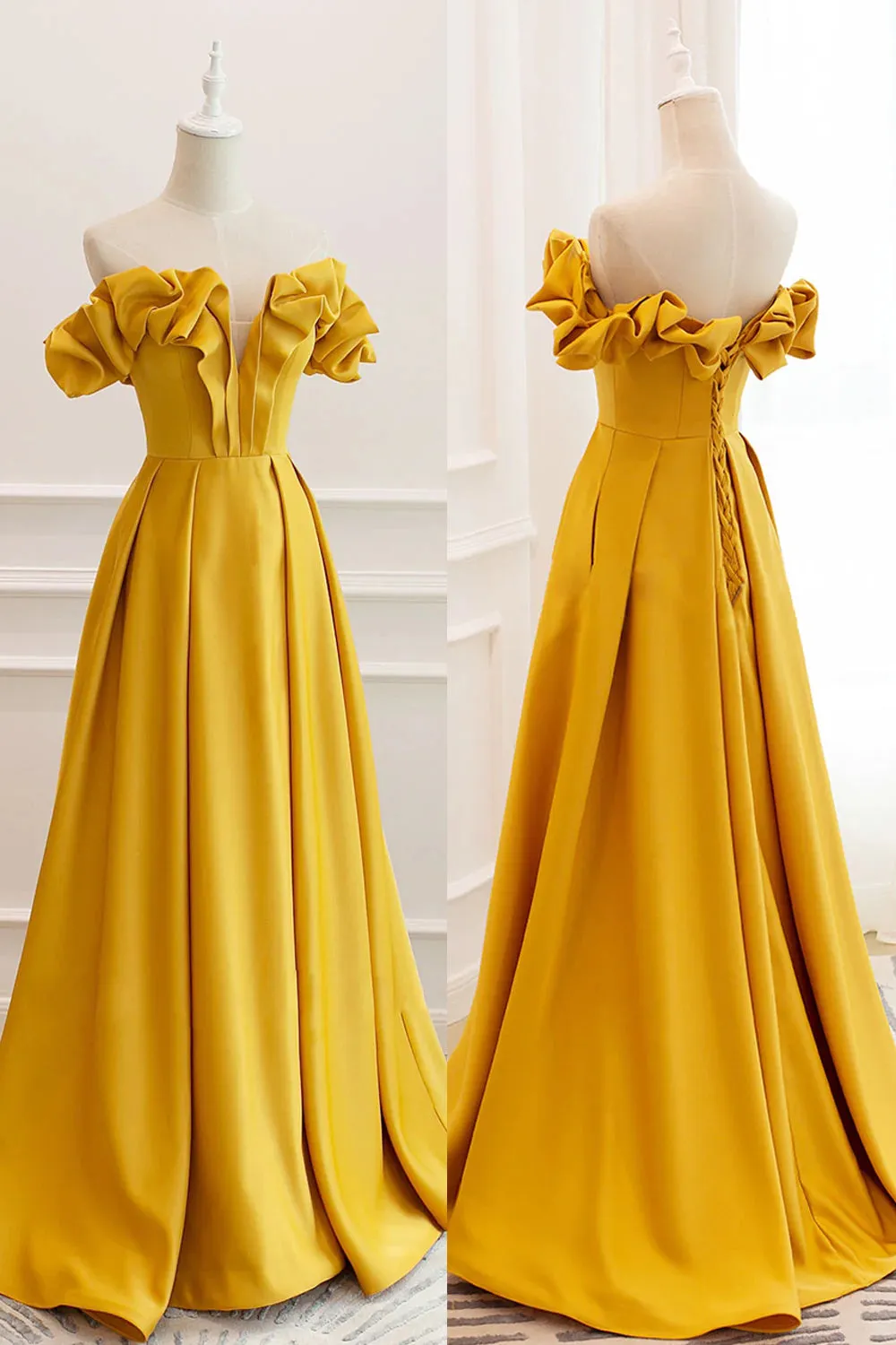 Yellow Off the Shoulder Satin Long Prom Dress, A Line Formal Evening Gown UQP0281