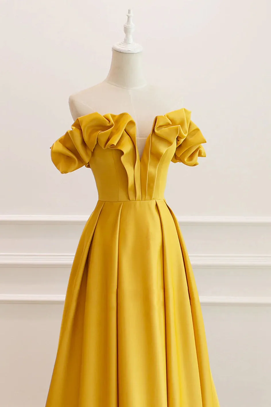 Yellow Off the Shoulder Satin Long Prom Dress, A Line Formal Evening Gown UQP0281