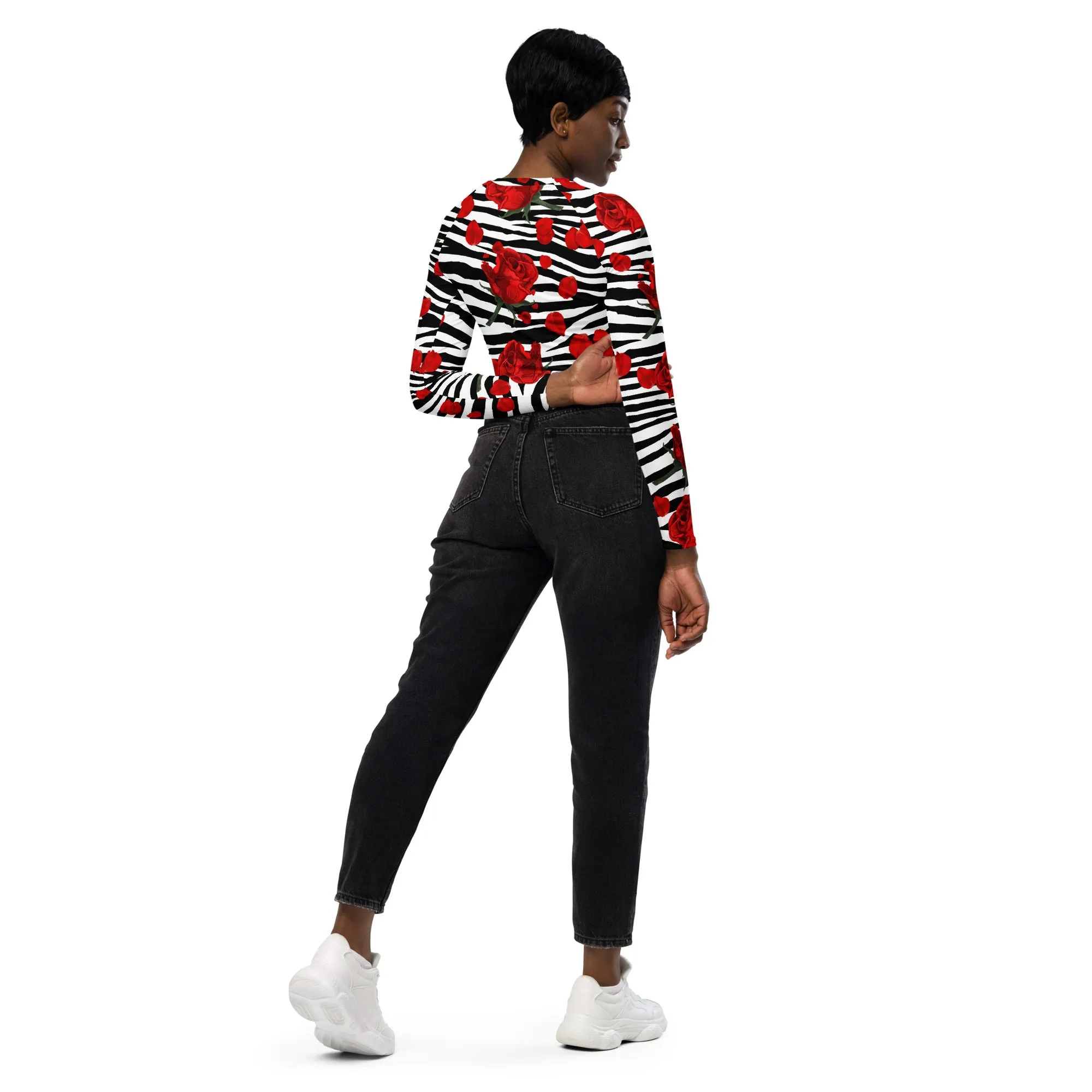Zebra Print Red Roses Long Sleeve Crop Top