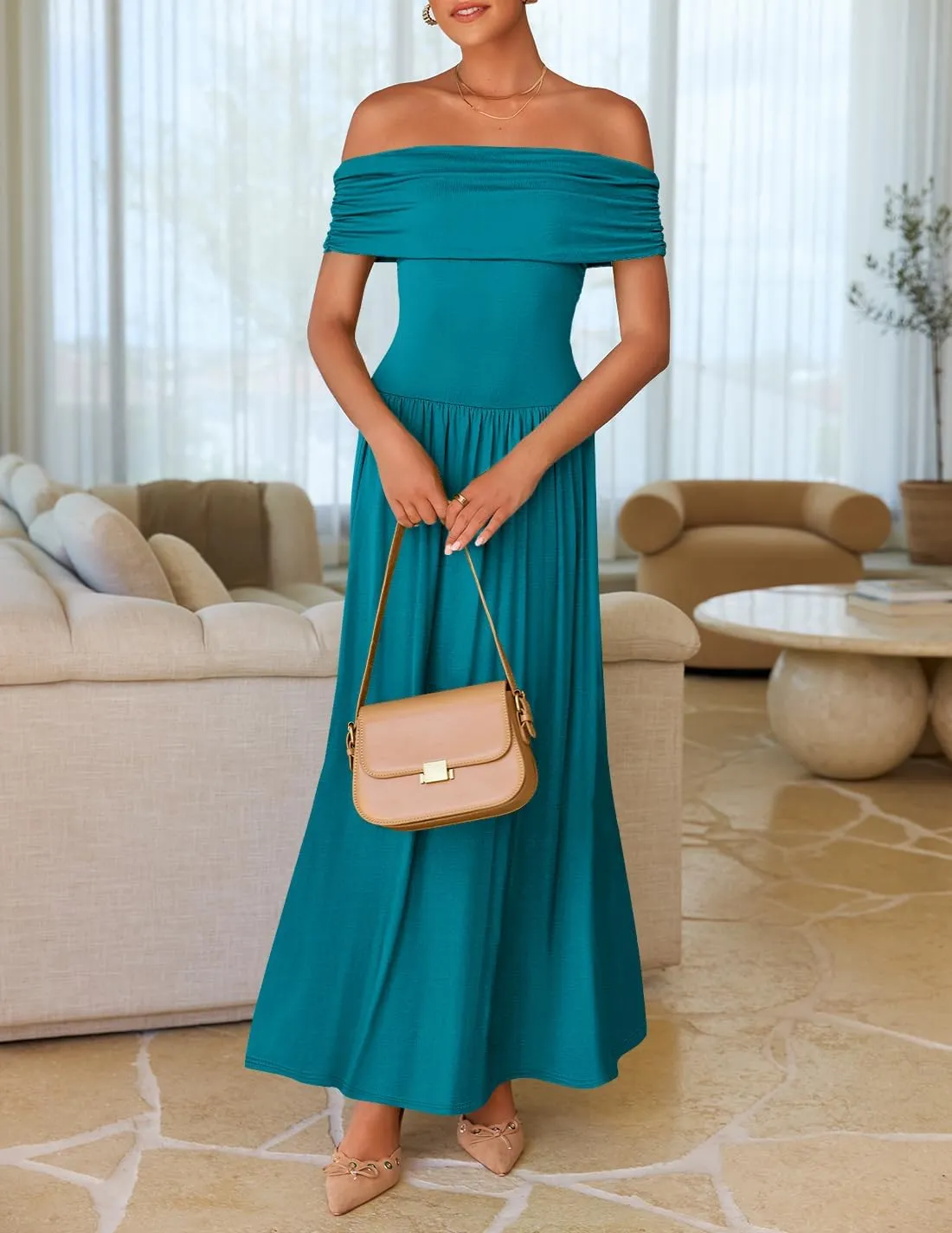 ZESICA Women's Off The Shoulder Maxi Dress 2025 Summer Sleeveless Casual Slim Swing Pleated Formal Party Dresses