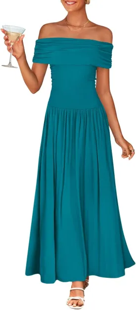 ZESICA Women's Off The Shoulder Maxi Dress 2025 Summer Sleeveless Casual Slim Swing Pleated Formal Party Dresses