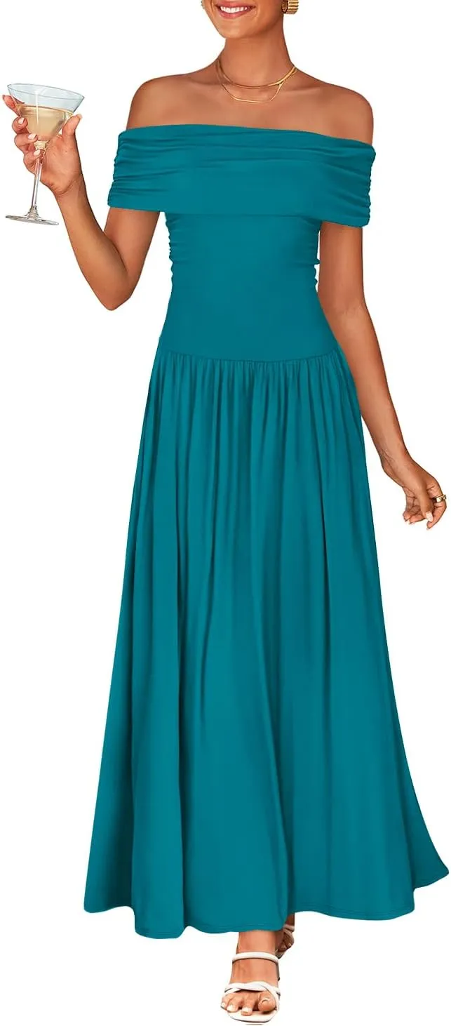 ZESICA Women's Off The Shoulder Maxi Dress 2025 Summer Sleeveless Casual Slim Swing Pleated Formal Party Dresses
