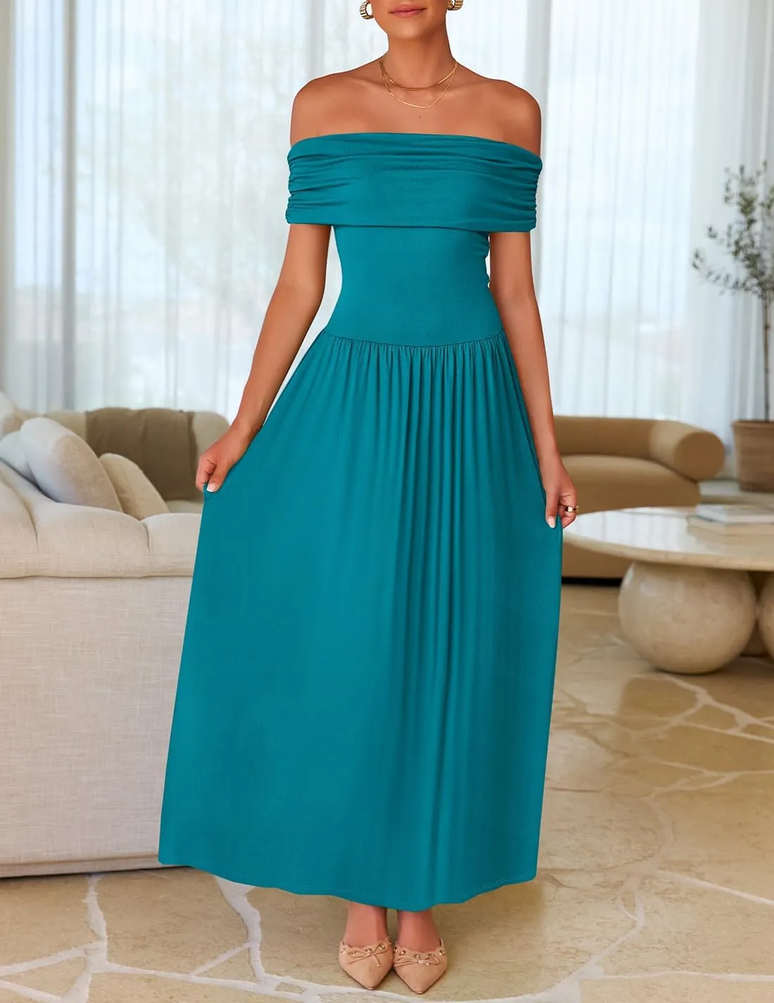 ZESICA Women's Off The Shoulder Maxi Dress 2025 Summer Sleeveless Casual Slim Swing Pleated Formal Party Dresses