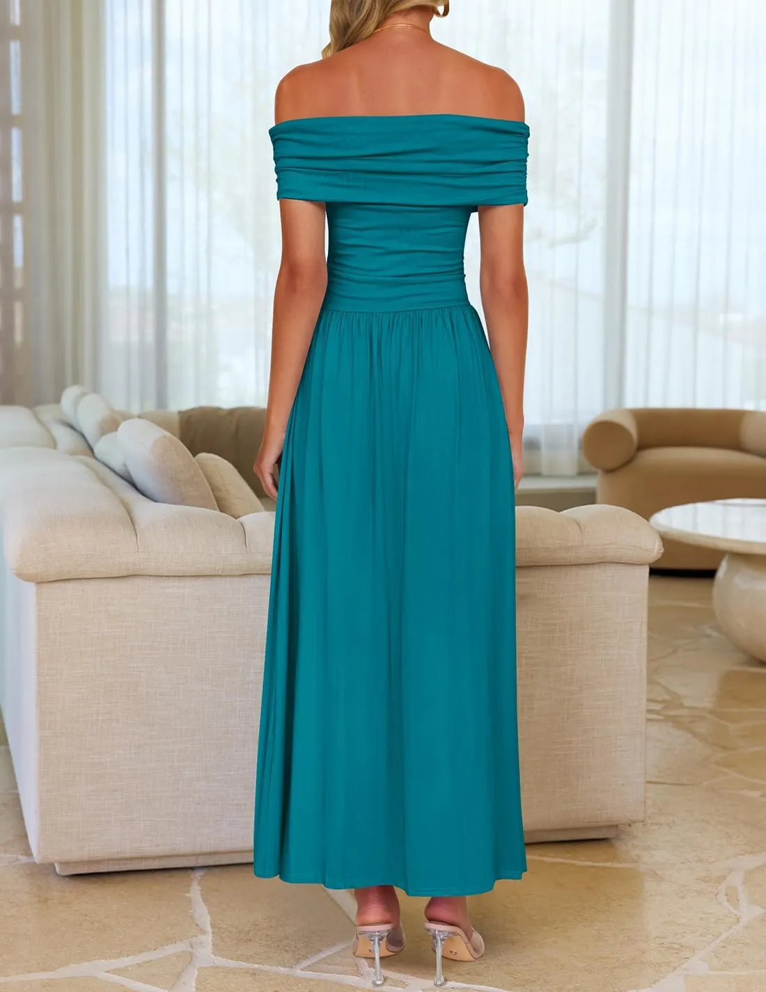 ZESICA Women's Off The Shoulder Maxi Dress 2025 Summer Sleeveless Casual Slim Swing Pleated Formal Party Dresses